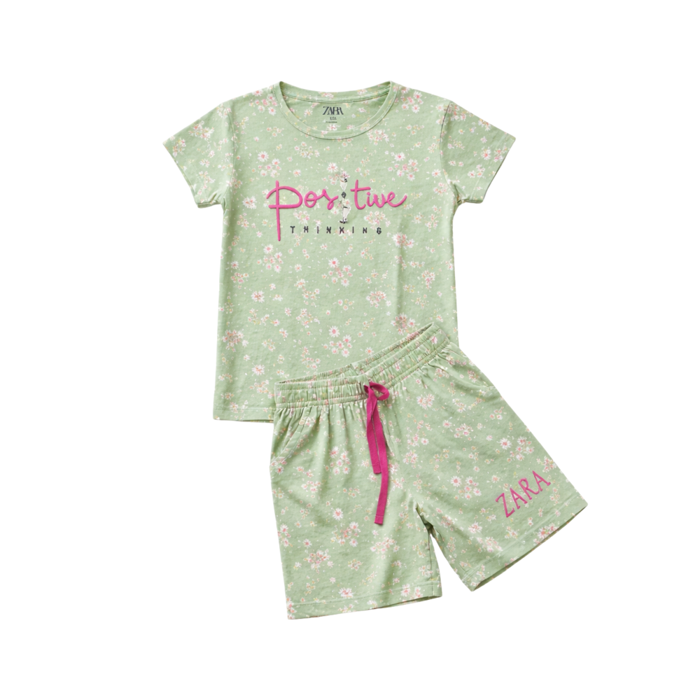 Girls' Sage Green Floral T-Shirt and Shorts "Positive Thinking" Coord Set