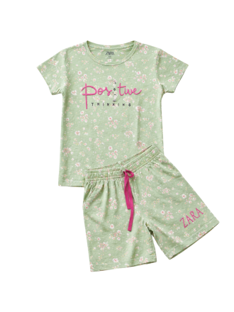 Girls' Sage Green Floral T-Shirt and Shorts "Positive Thinking" Coord Set