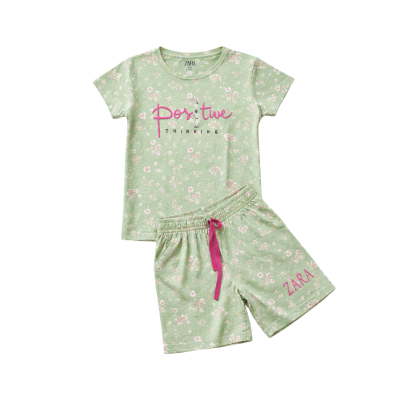 Girls' Sage Green Floral T-Shirt and Shorts "Positive Thinking" Coord Set