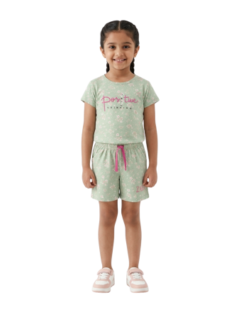 Girls' Sage Green Floral T-Shirt and Shorts "Positive Thinking" Coord Set