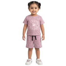 Kids' Lilac Dog Print Cotton T-Shirt & Shorts Set