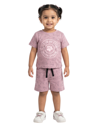 Kids' Lilac Dog Print Cotton T-Shirt & Shorts Set