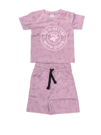 Kids' Lilac Dog Print Cotton T-Shirt & Shorts Set