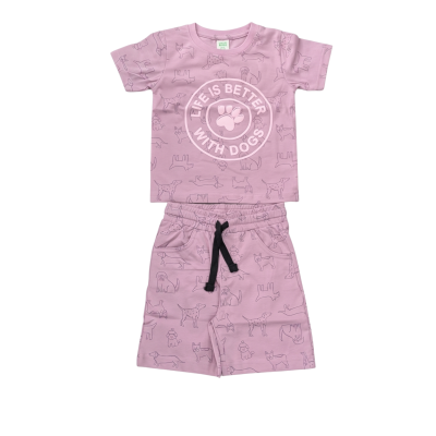 Kids' Lilac Dog Print Cotton T-Shirt & Shorts Set