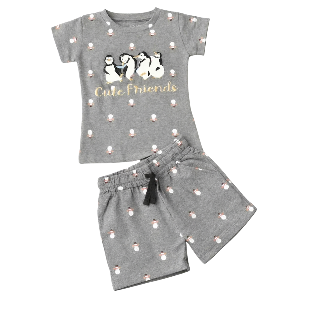 Girls' "Cute Friends" Penguin Print Heather Grey