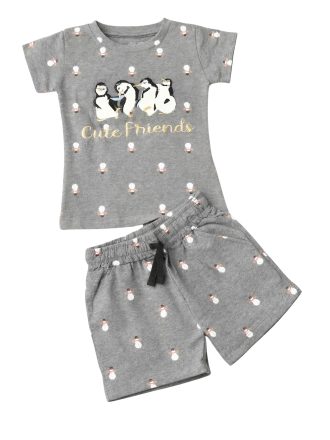Girls' "Cute Friends" Penguin Print Heather Grey