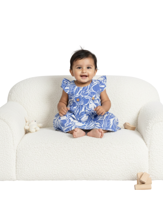 Baby Girls' Blue & White Tropical Floral Ruffle Sleeve Cotton Dress