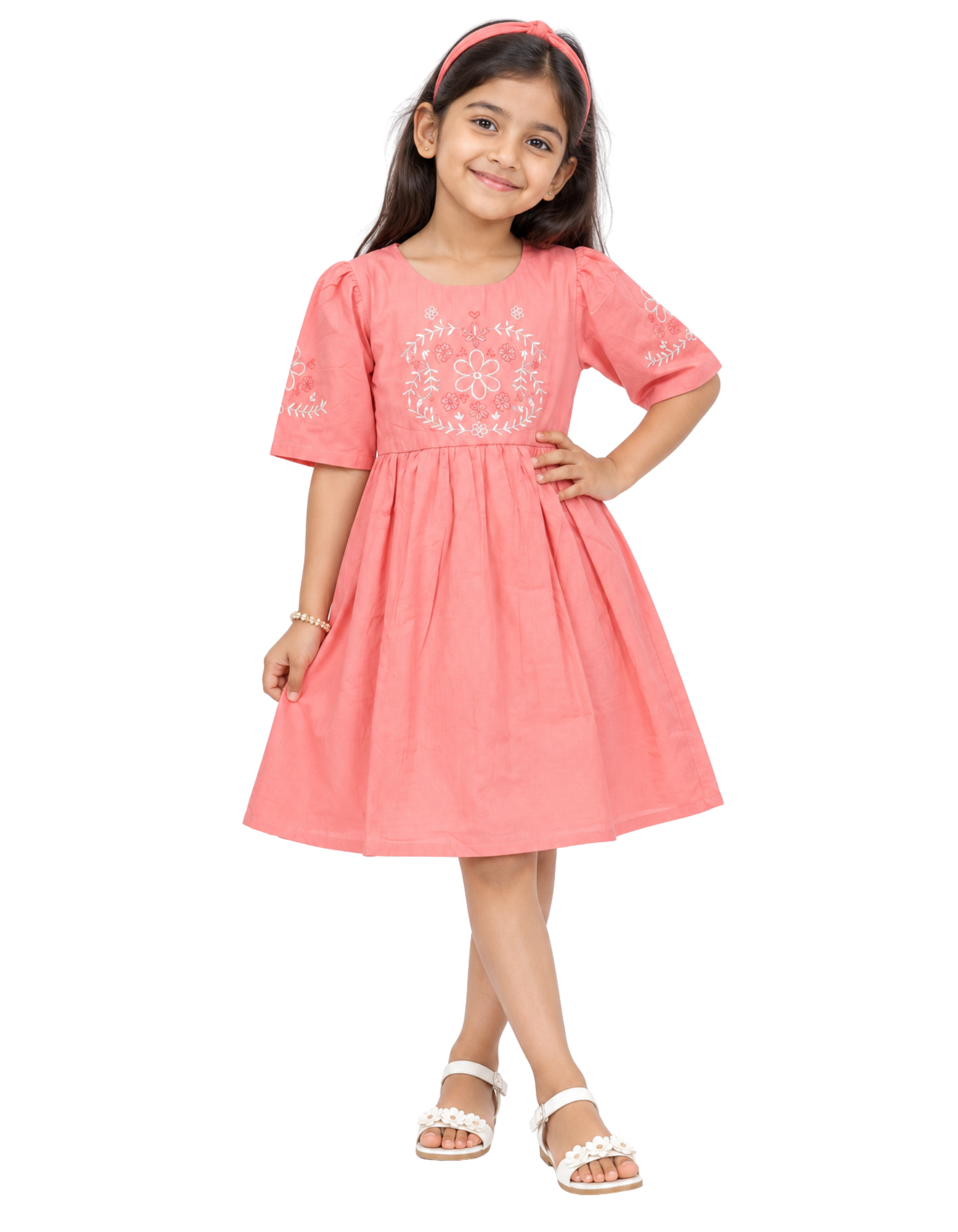 Coral Floral Puff Sleeve Frock