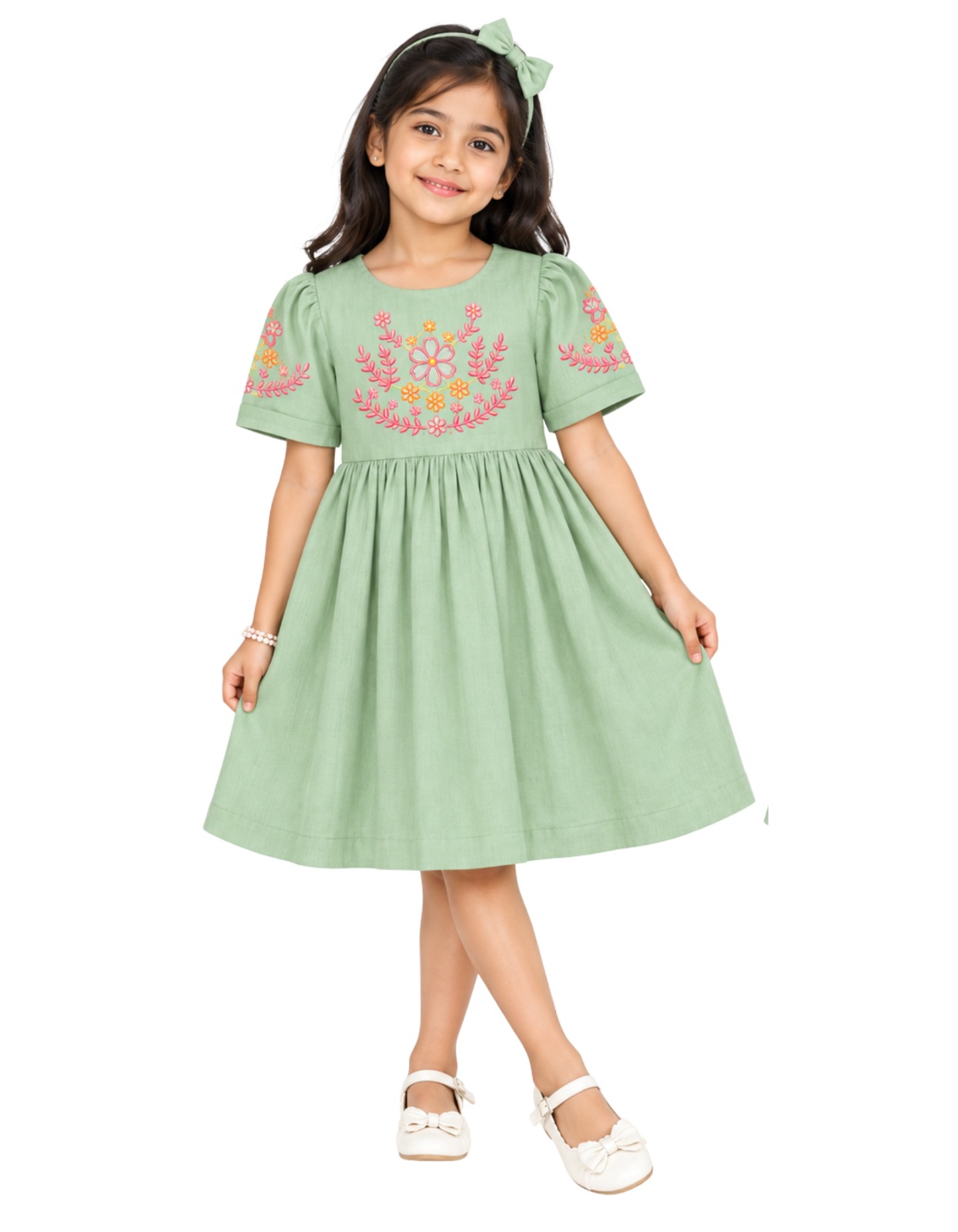 Sage Green Floral Puff Sleeve Frock