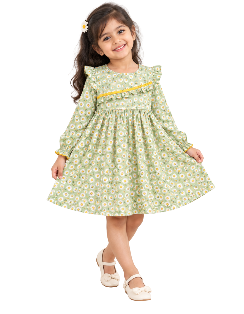 Sage Green Daisy Print Ruffle Long Sleeve Frock