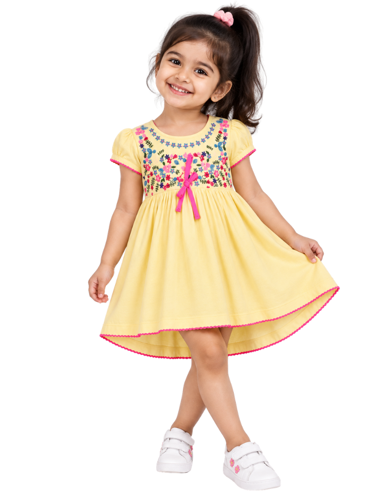 Sun Yellow Floral Embroidered High-Low Frock