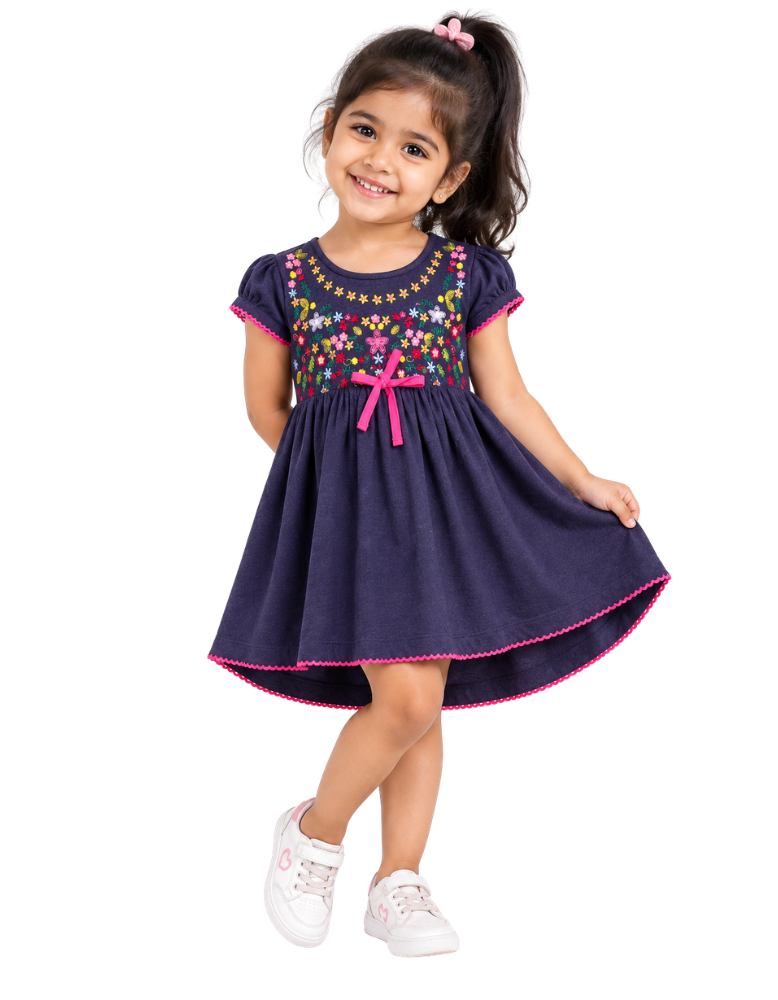 Navy Blue Floral Embroidered High-Low Dress