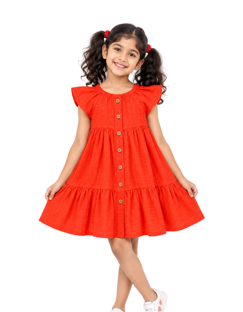 Red Ruffle Sleeved Tiered Button-Down Frock