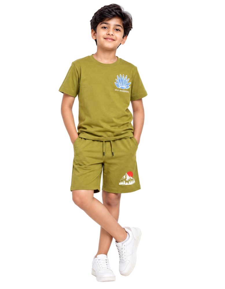 Boys Co-ord Set - Olive Green Wild Wanderers Graphic