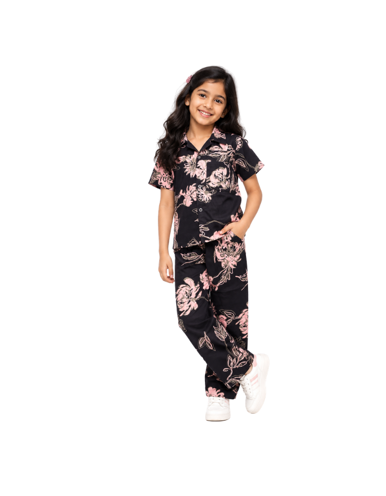 Girls Floral Pajama Set - Black & Pink