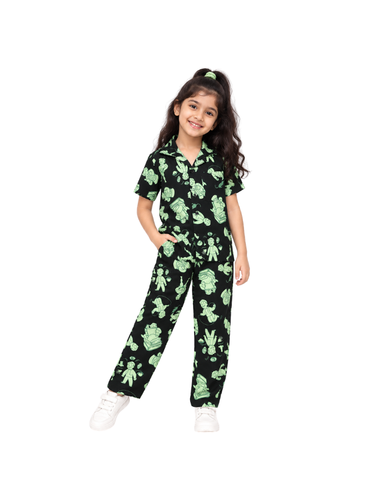 Girls Printed Pajama - Black & Green