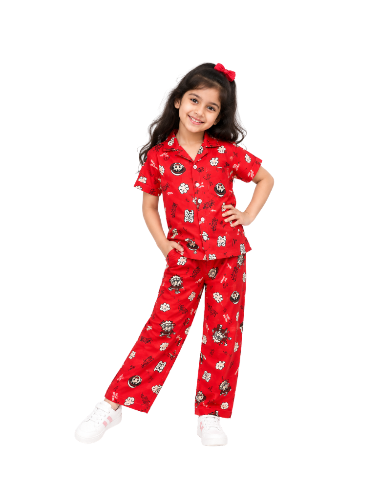 Girls Printed Pajama - Red "TAKE IT EASY"