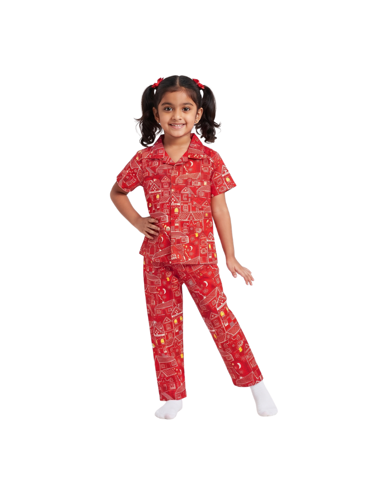 Girls Printed Pajama - Red 