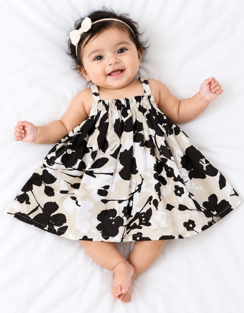 Chic Black & Beige Floral Infant Dress