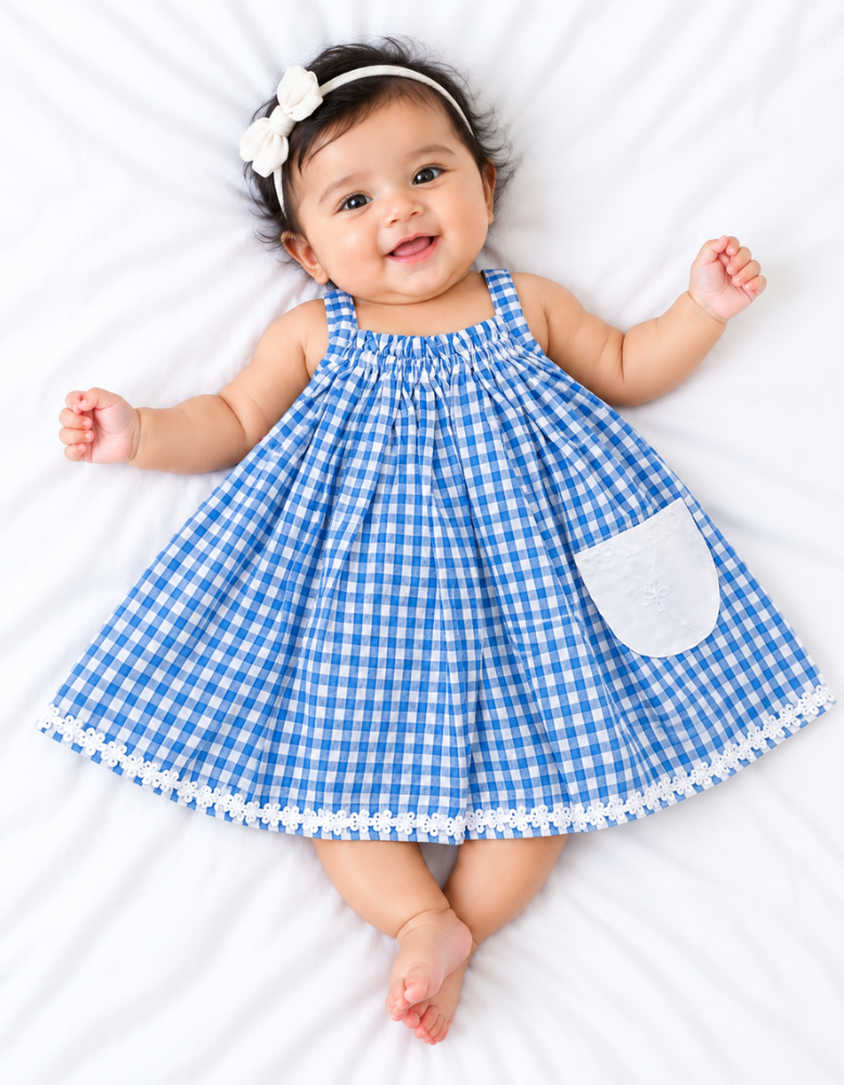 Classic Blue Check Infant Frock with Lace Trim