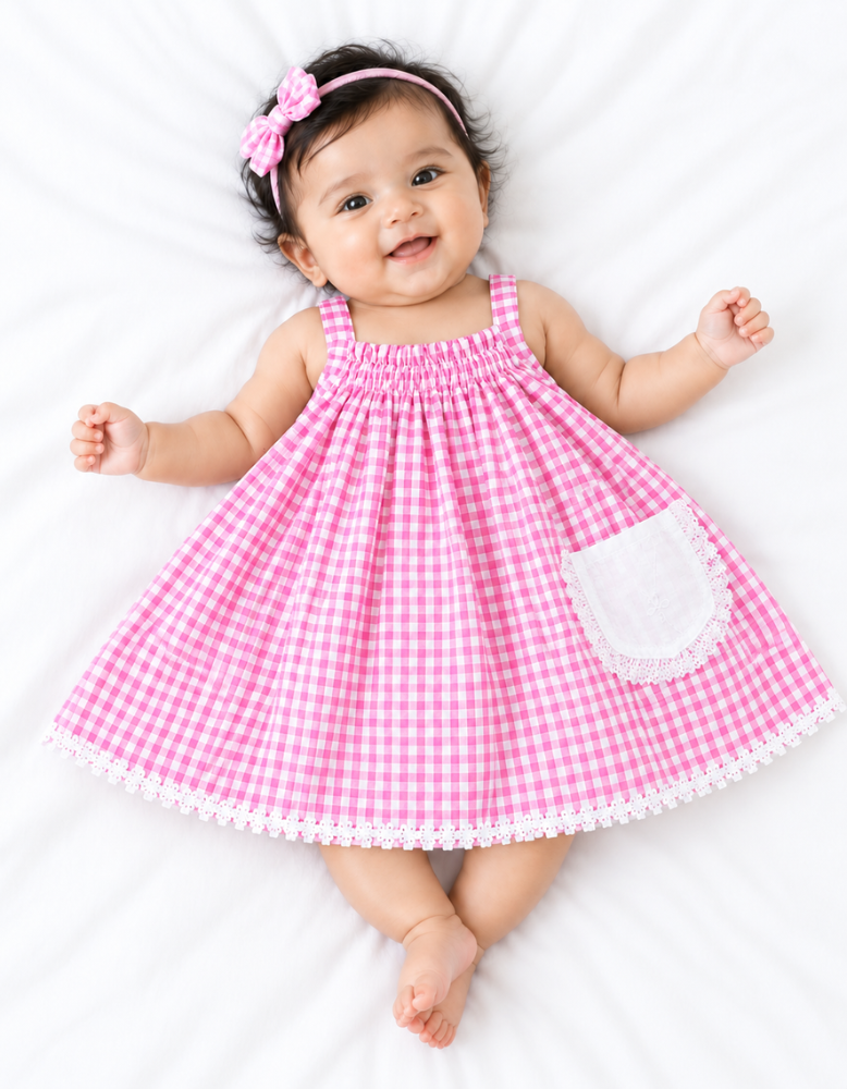 Sweet Pink Check Infant Frock with Lace Trim