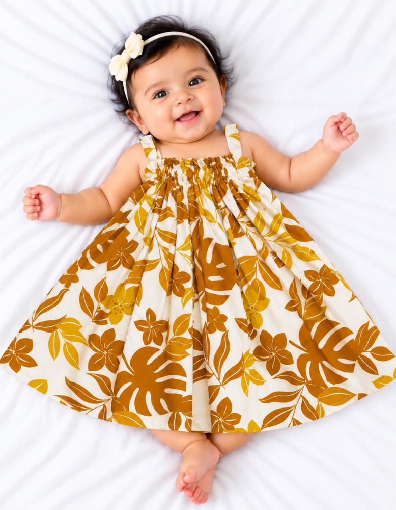 Mustard Yellow Tropical Leaf Casual Baby Frock