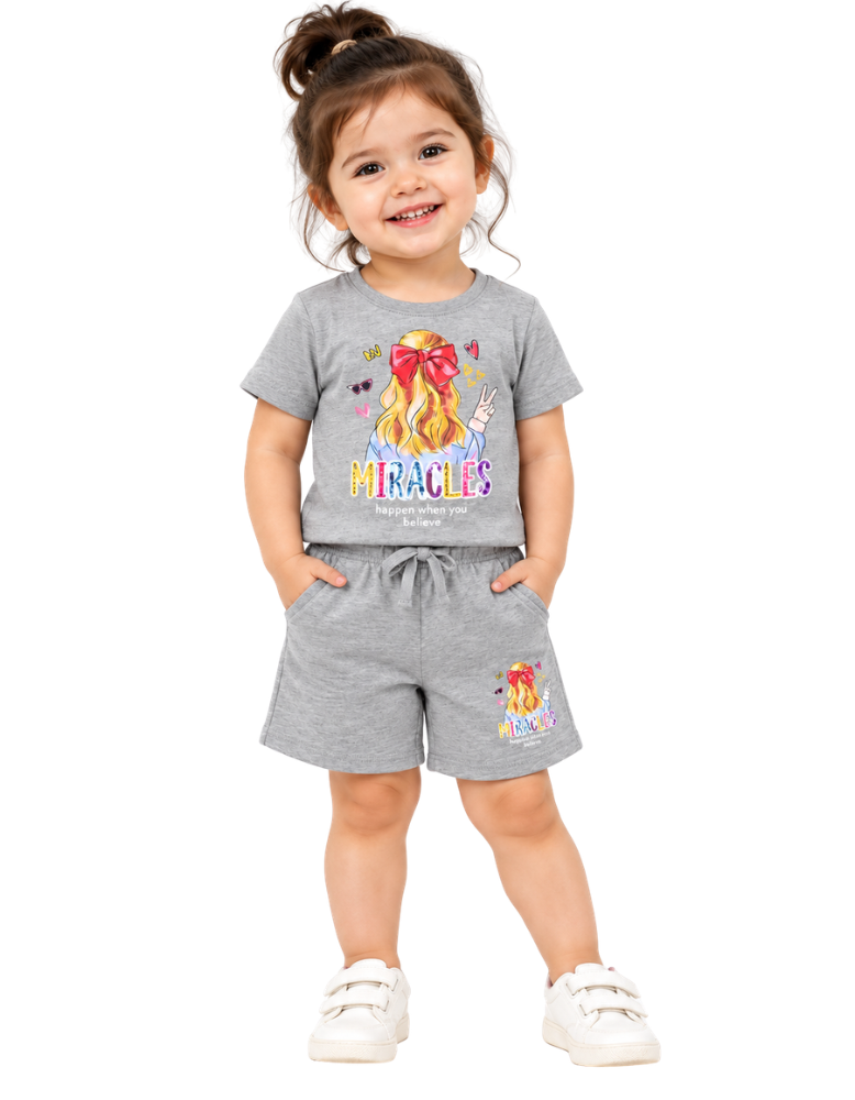 Grey "Miracles" Graphic T-Shirt and Matching Shorts Set for Kids
