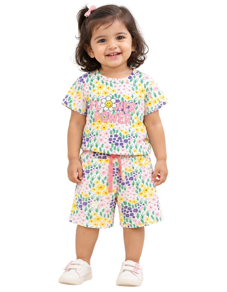 "Flower Power" Floral Print T-Shirt and Matching Shorts Set for Kids