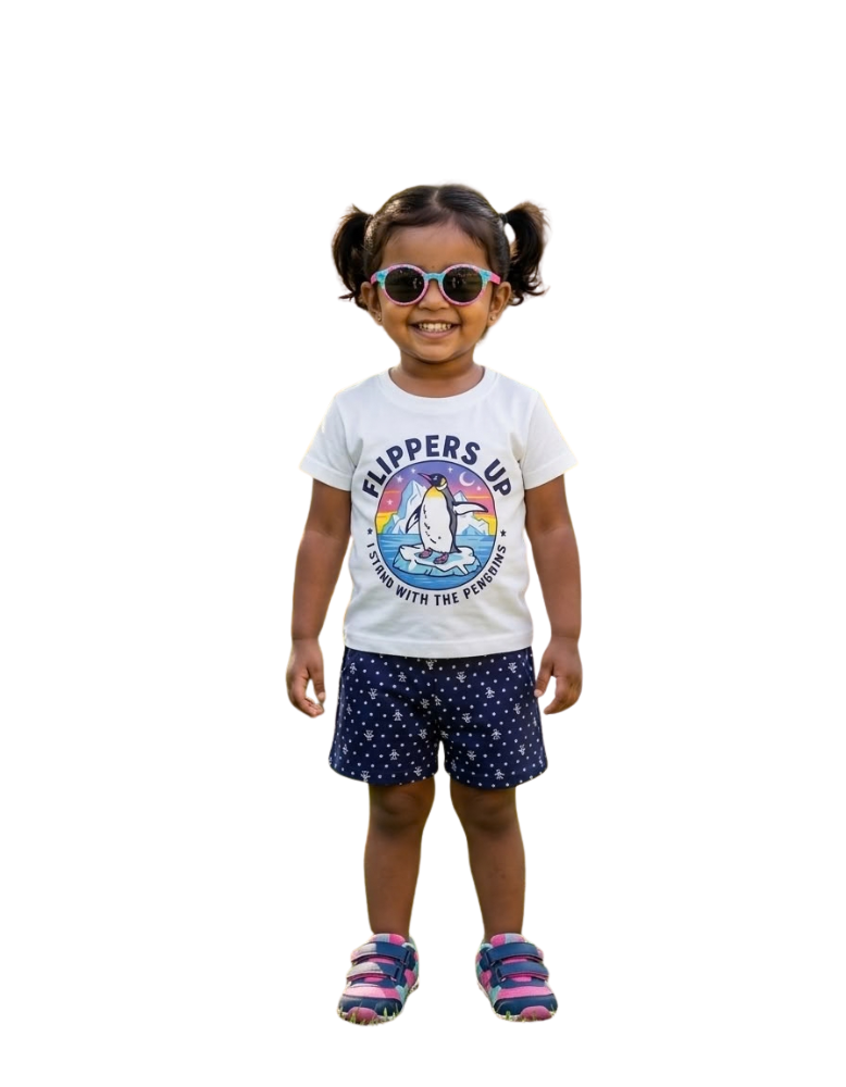 "Flippers Up" Penguin Print Summer Outfit for Kids