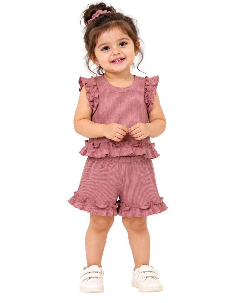 Girls Ribbed Cotton Ruffle Top & Shorts Co-ord Set – Dusty Rose