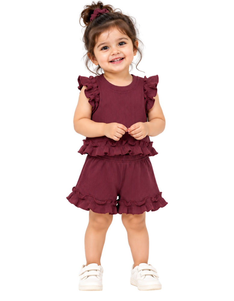 Girls Ribbed Ruffle Top & Shorts Co-ord Set – Wine Red