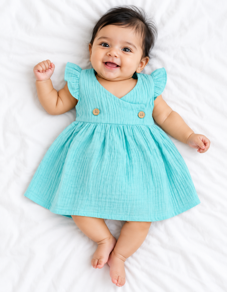 Muslin Ruffle Sleeve Frock for Baby Girls - Sky Blue 