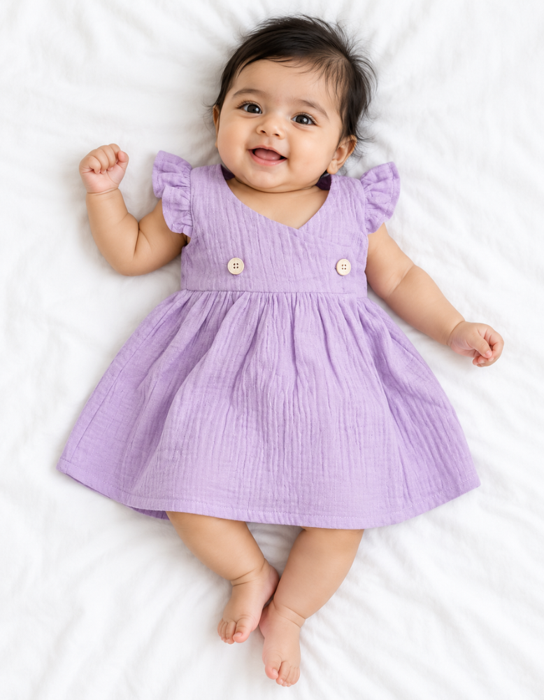Muslin Ruffle Sleeve Frock for Baby Girls - Lavender