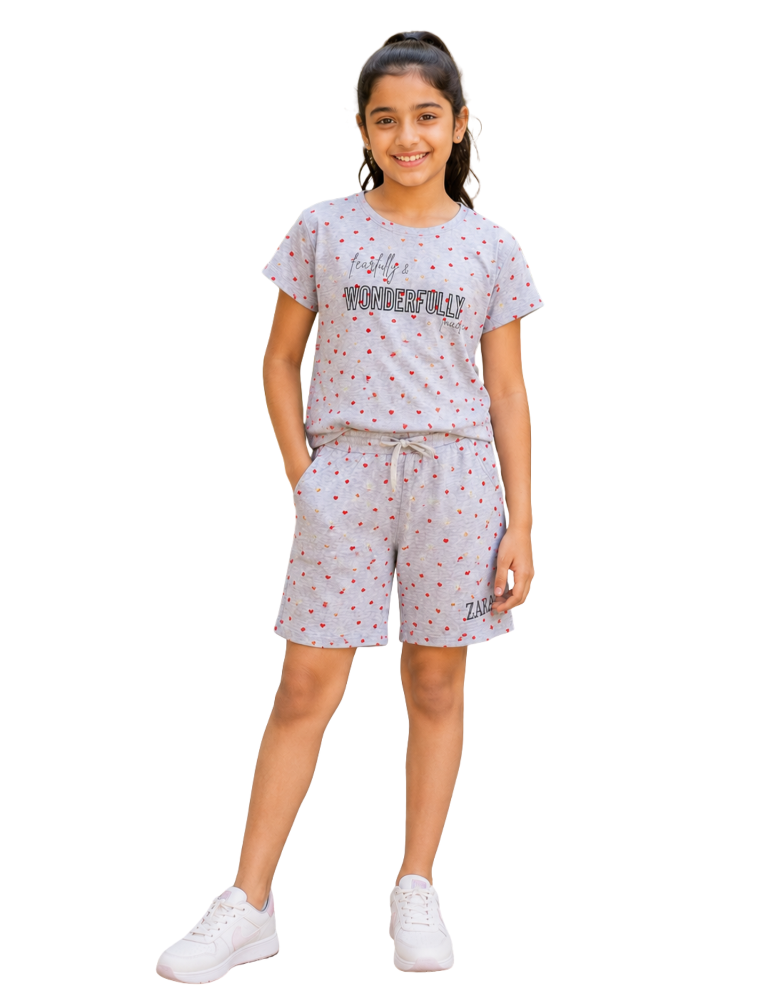 Girls Heart Print T-Shirt & Shorts Co-ord Set - Grey 