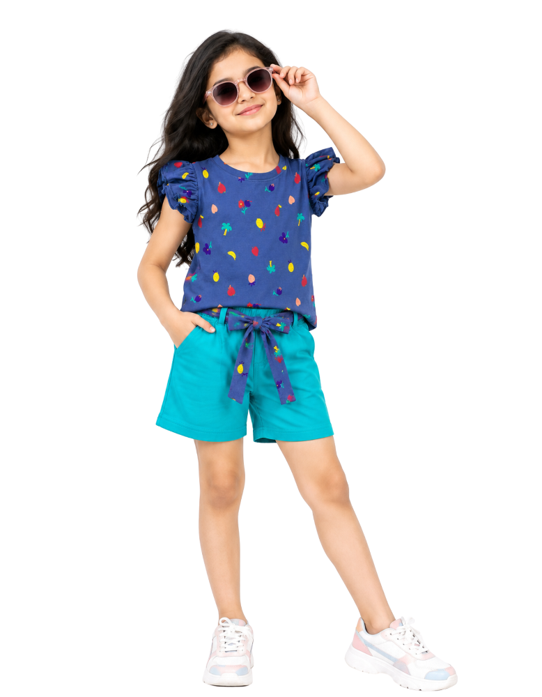 Girls Printed T-Shirt & Shorts Set -All-Over Fruit Blue & Turquoise