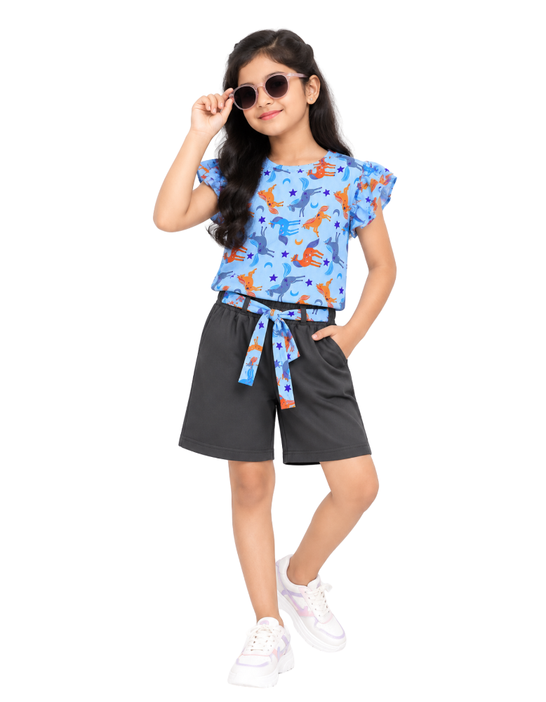 Girls Printed T-Shirt & Shorts Set - Horse Print Sky Blue