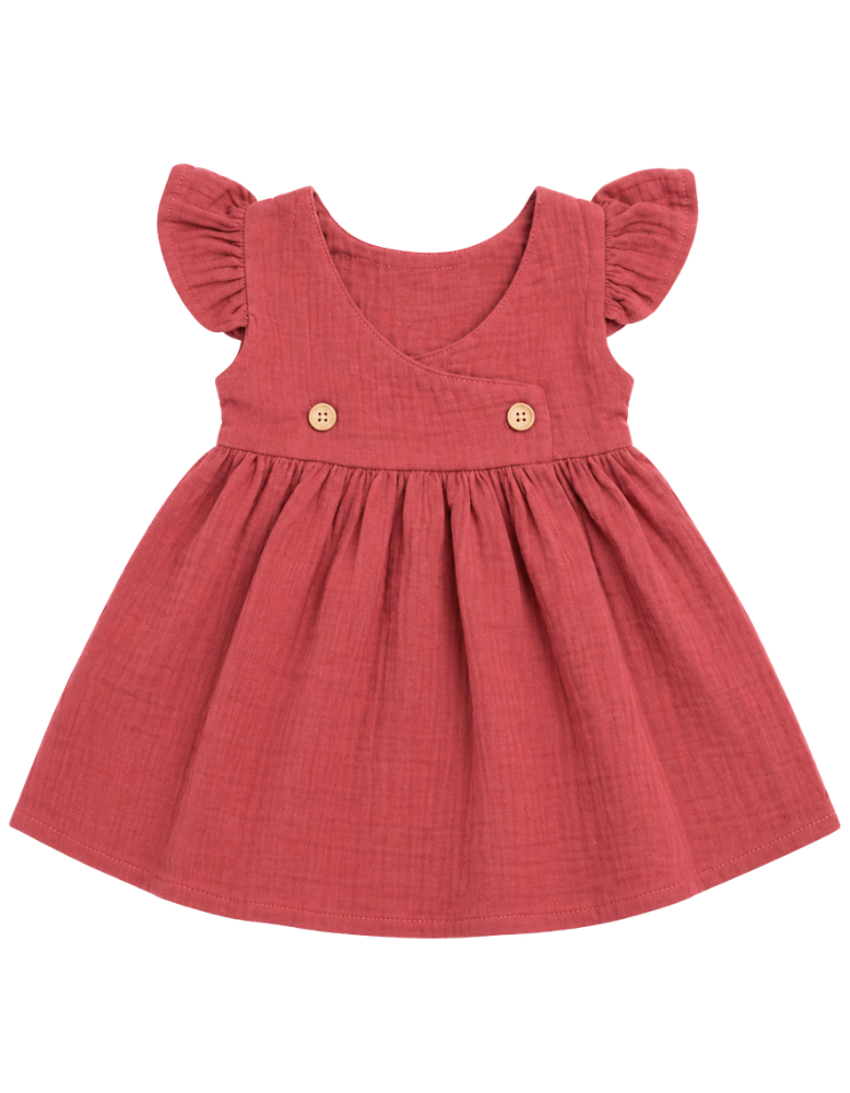 Muslin Ruffle Sleeve Frock for Baby Girls - Wine Red 