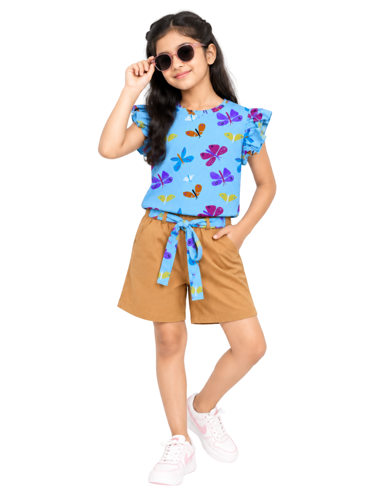 Girls Printed T-Shirt & Shorts Set -  Butterfly Sky Blue