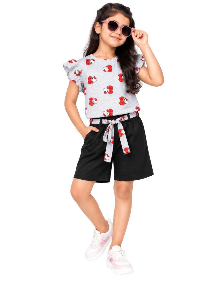 Girls Printed T-Shirt & Shorts Set - Bow Print Grey