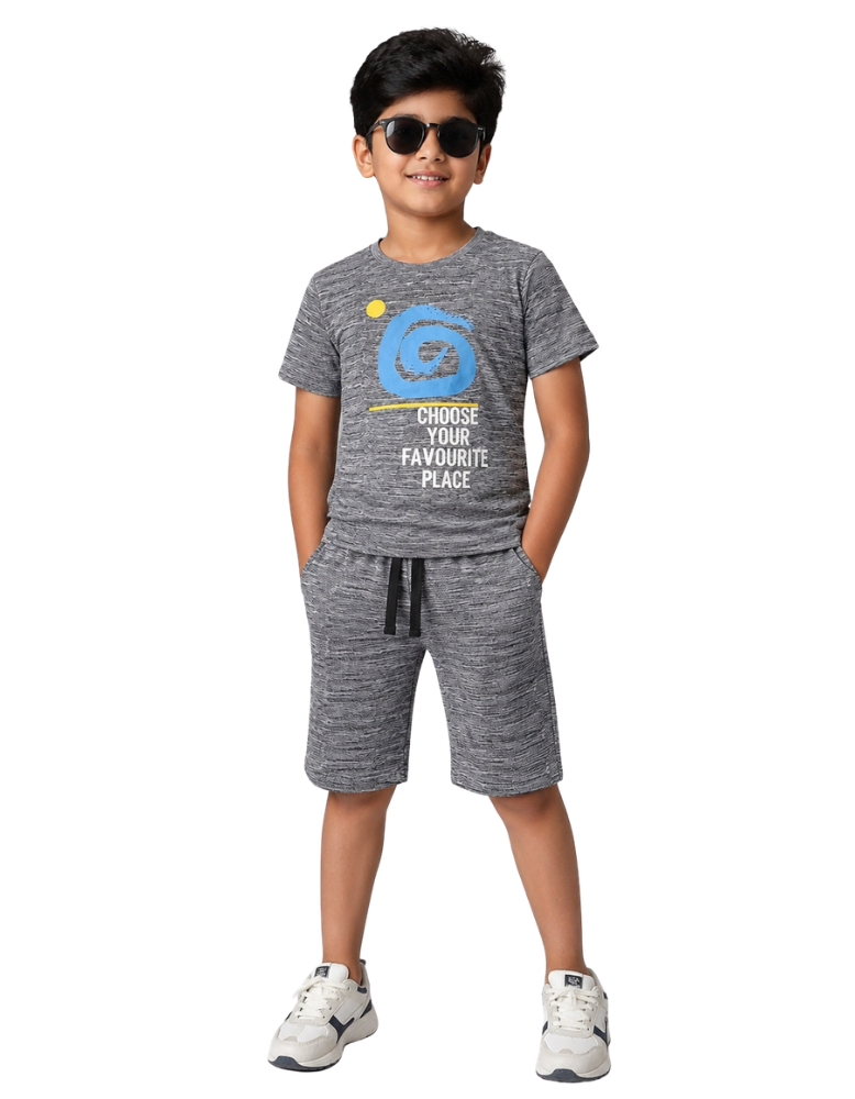 Boys Melange Printed Co-ord Set -  Grey