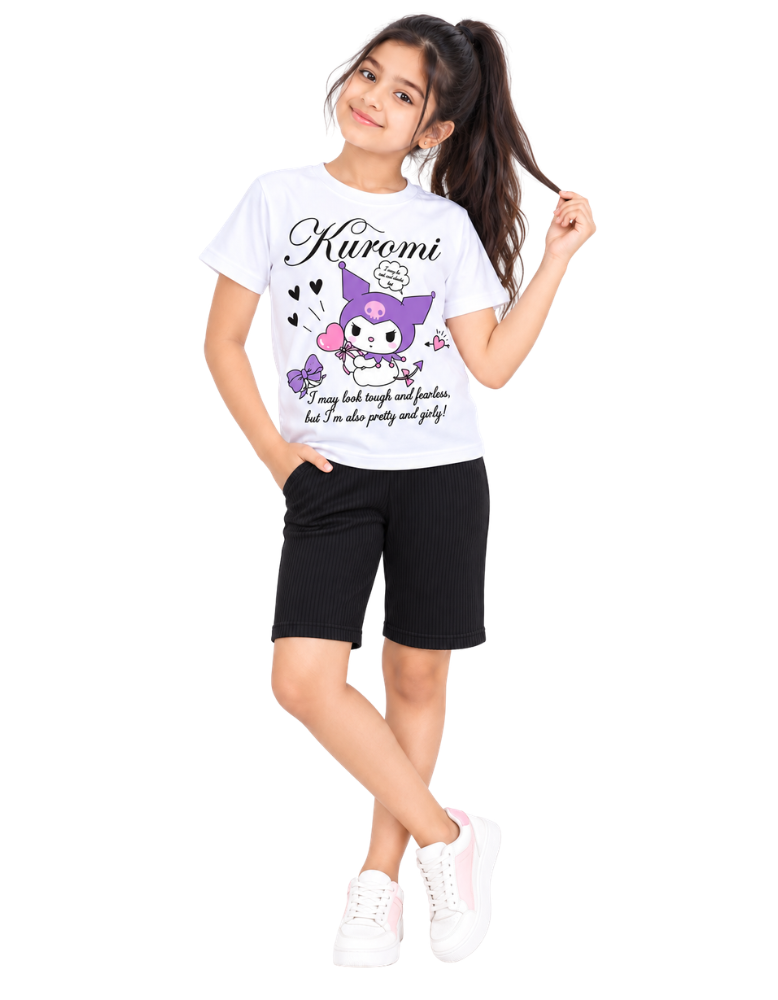 Kuromi Printed T-Shirt with Ribbed Shorts Set 