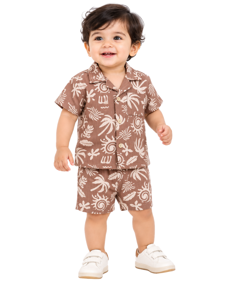 Kids Printed Shirt & Shorts Co-Ord Set – Brown