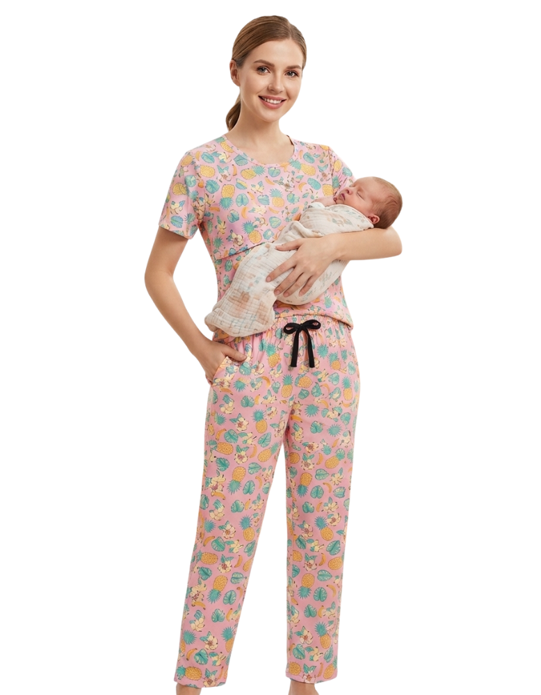 Tropical Print Feeding Pajama Set - Floral