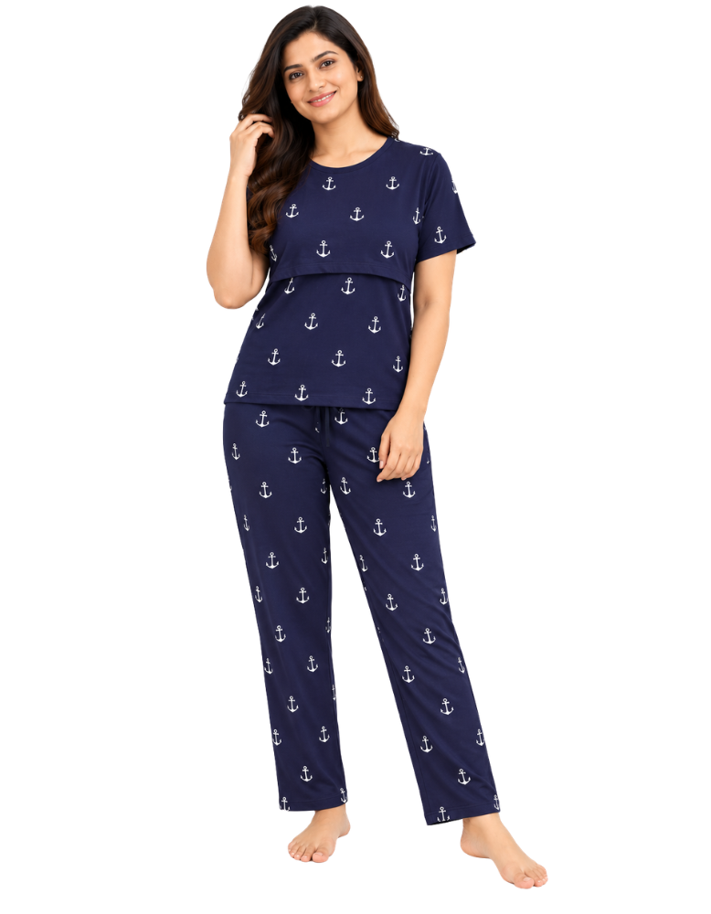 Anchor Print Feeding Pajama Set - Navy Blue