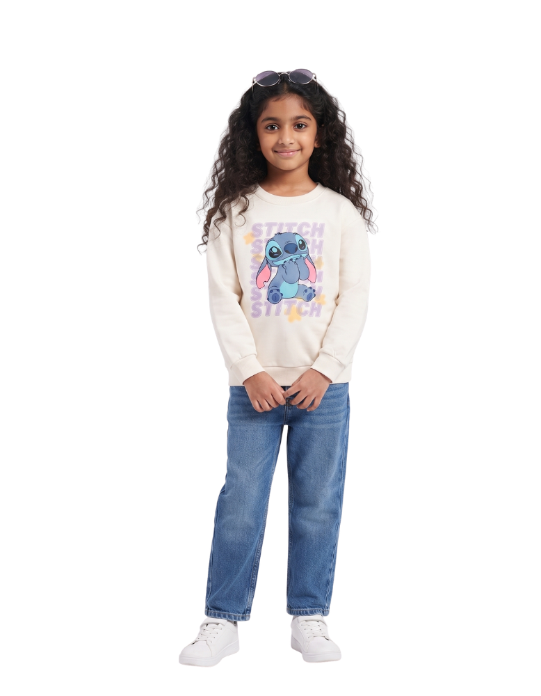 Girls' Cream Stitch Printed Full Sleeve Sweatshirt