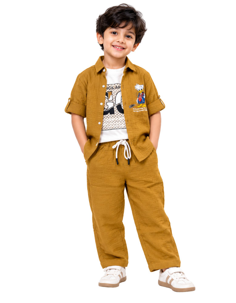 Beige Muslin 3-Piece Pajama – Shirt, Vest & Pant