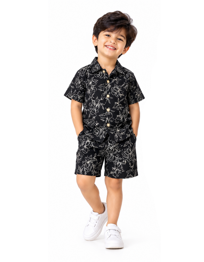 Black Floral Printed Kids Co-Ord Set