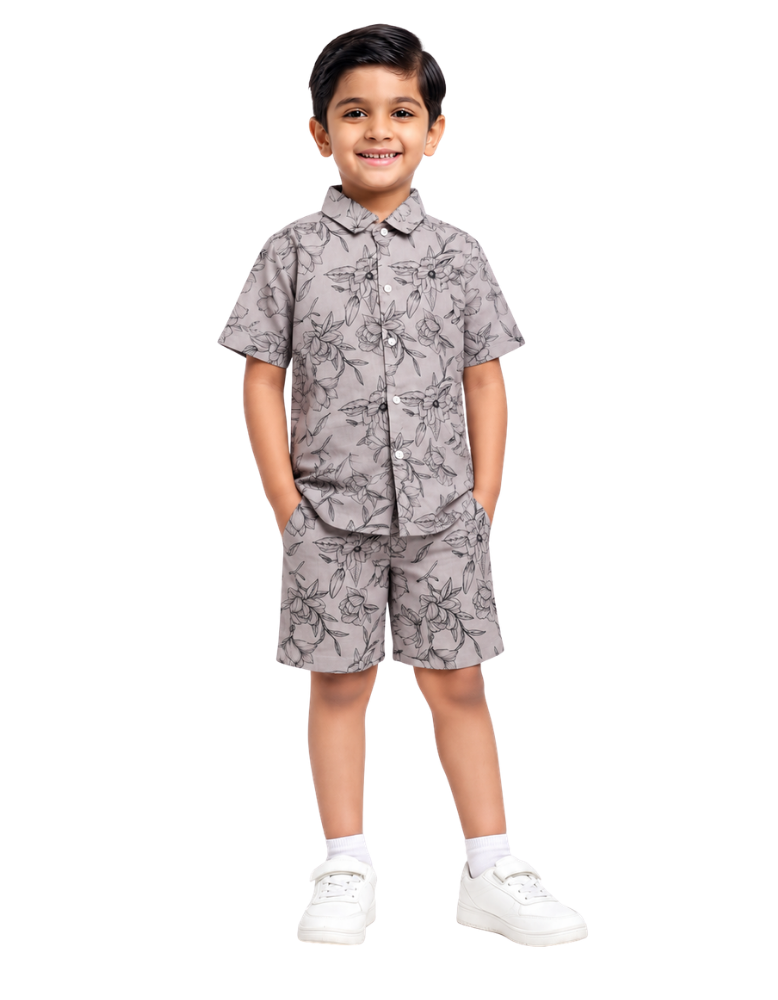 Grey Floral Printed Shirt and Shorts Set