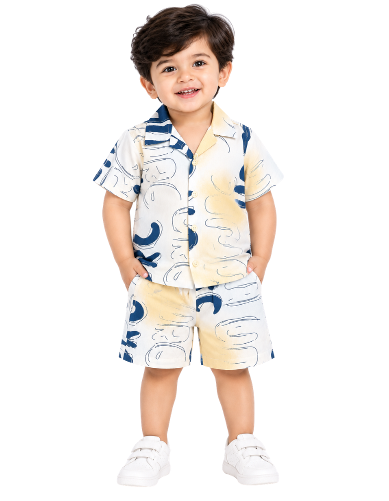Cream Abstract Shirt & Shorts Set