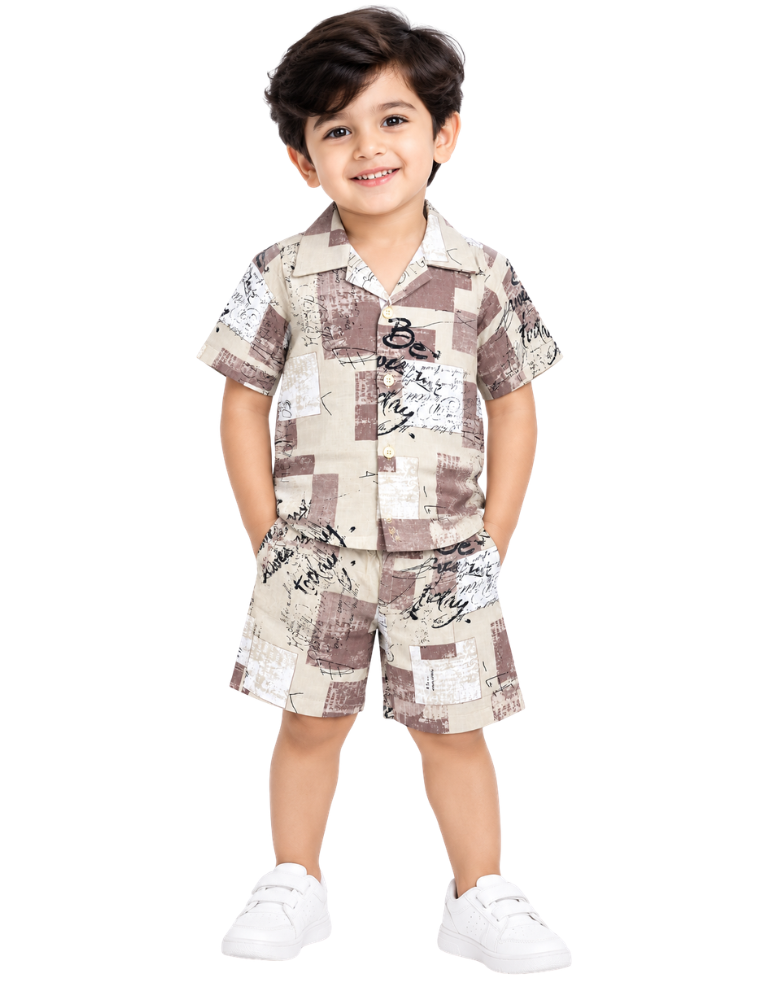 Beige Printed Boys Shirt & Shorts Set